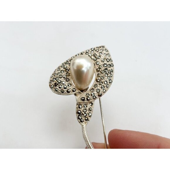 Calla Lily Art Nouveau Marcasite Sterling Vintage Faux Pearl Vintage Brooch - Picture 7 of 10